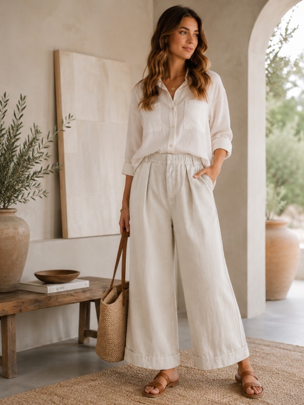 Free People After Love Cuff Cotton Wide Leg Pants Sandshell Size L